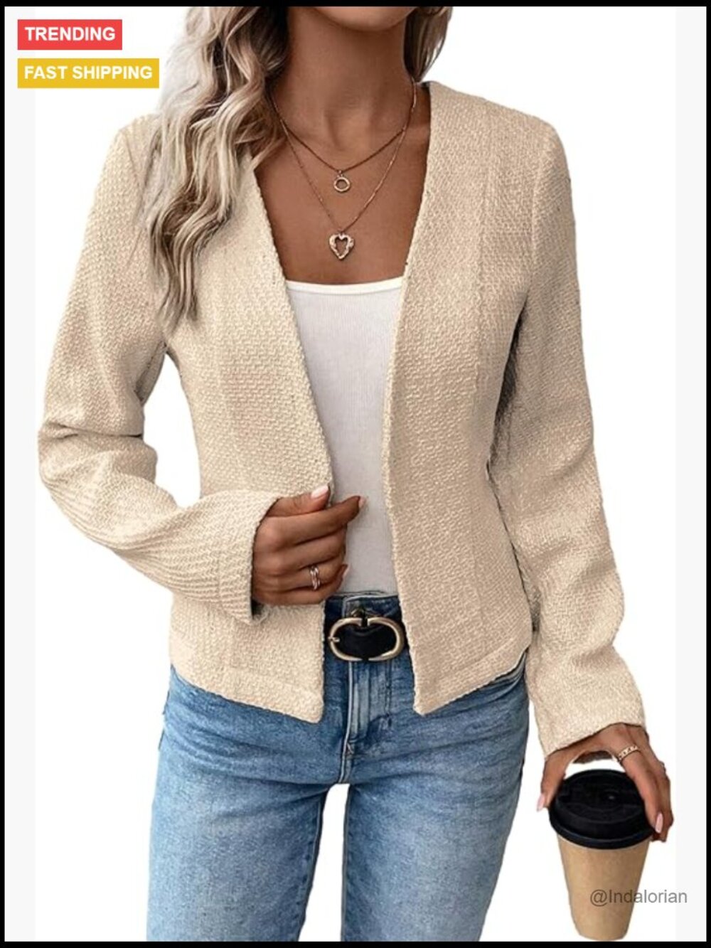 Tweed Blazer Jacket Collarless Open Front Slim Fit Work Casual